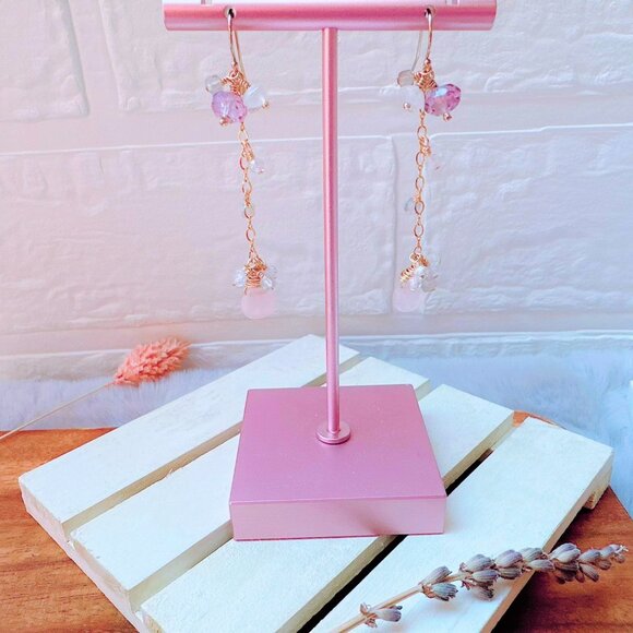 New Handmade Rose Quartz with Mini Gemstones Cluster Long Dangle Earrings - Picture 5 of 5